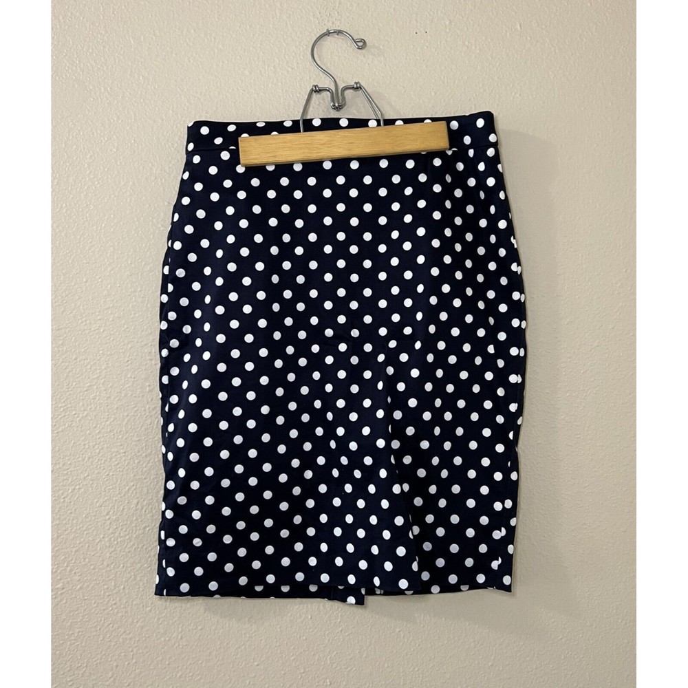 J. Crew Pencil Skirt Size: 0 Navy Blue/White Polka Dot Back Zip Slit - Picture 1 of 8
